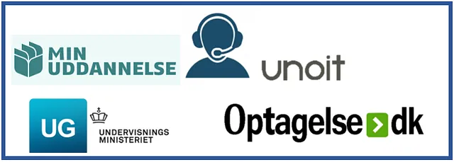 Logoer for: Min Uddannelse, Unoit, Undervisningsministeriet og optagelse.dk