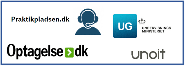 Logoer for: Praktikpladsen.dk, Undervisningsministeriet, Optagelse.dk og unoit
